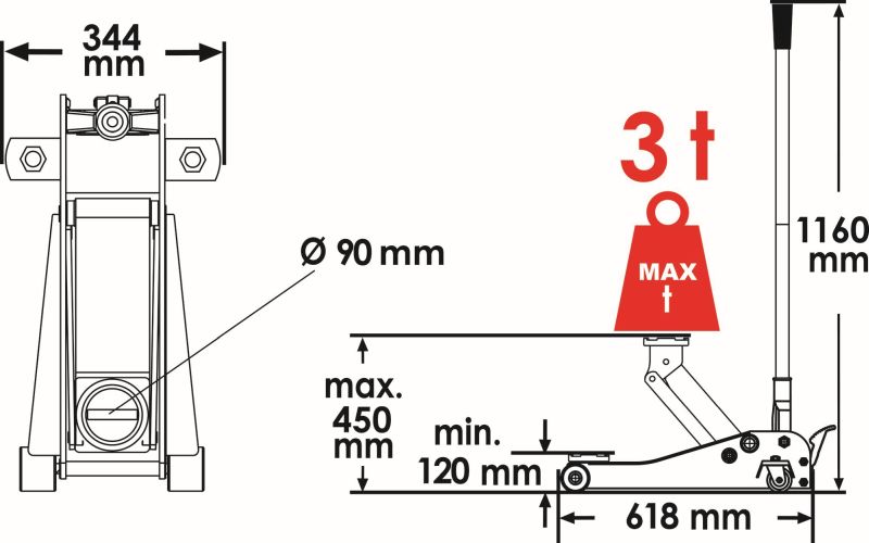 Pojízdný zvedák VIGOR, Hydraulicky zvedak - 3t
