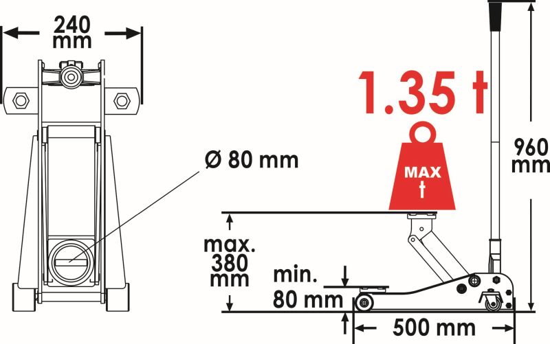 Pojízdný zvedák VIGOR, Hydraulicý zvedák - ALU 1,35 t
